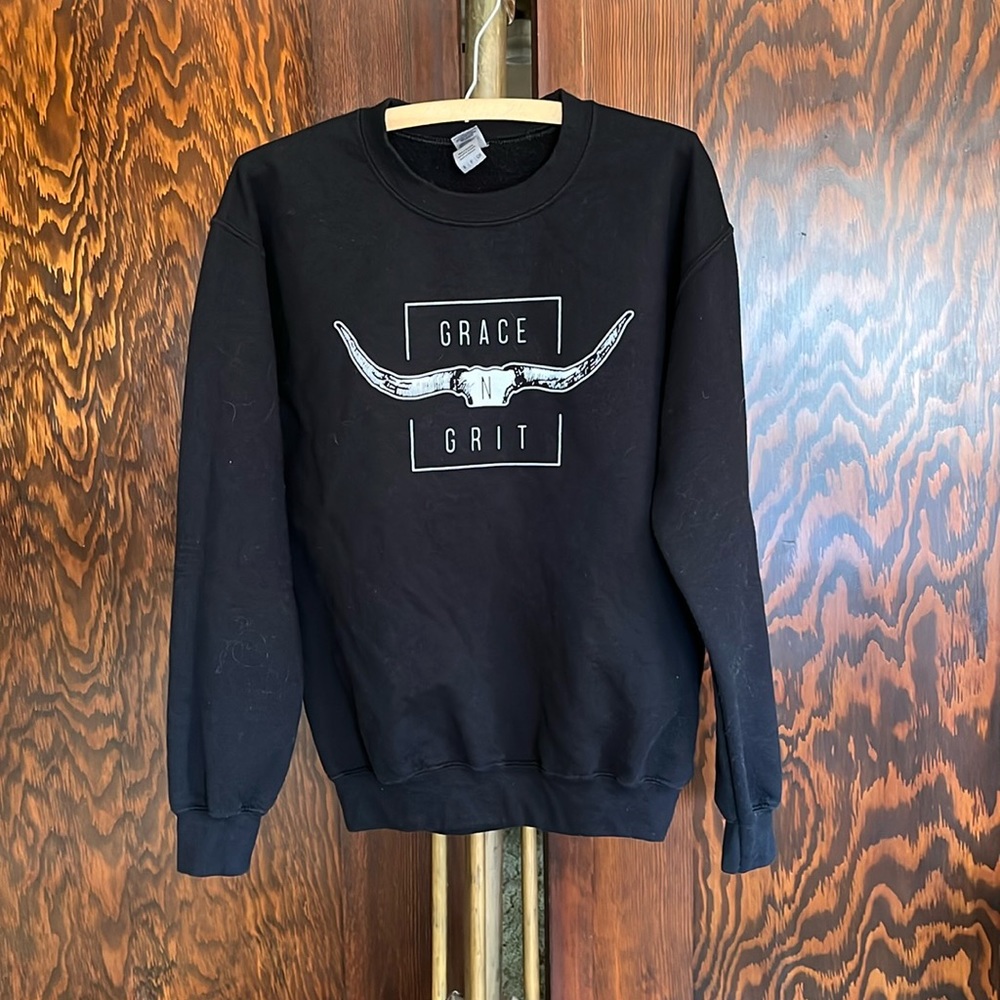Grace N Grit Cowgirl Fleece Crewneck Sweater Black Horns Small